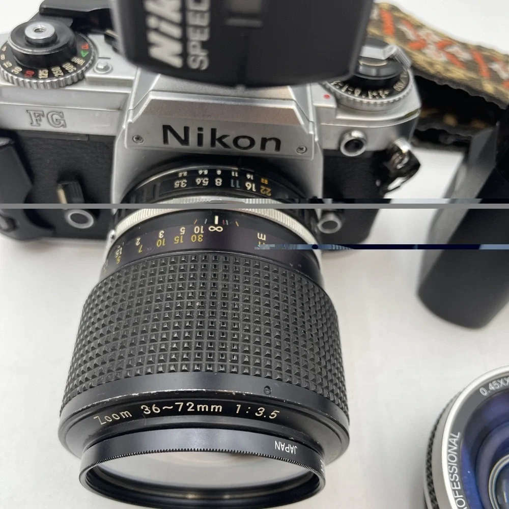 Nikon FG 35mm SLR Film Camera BUNDLE +Zoom 36-72mm Lens+Nikon Auto Rewind &Flash